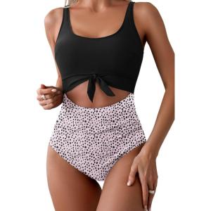 imageEomenie Womens One Piece Swimsuit Tummy Control Slimming Bathing Suit Cutout Tie Knot SwimwearBlack Print