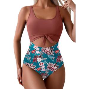 imageEomenie Womens One Piece Swimsuit Tummy Control Slimming Bathing Suit Cutout Tie Knot SwimwearBrick Red Floral 01