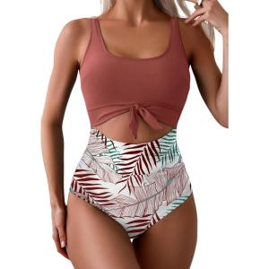 imageEomenie Womens One Piece Swimsuit Tummy Control Slimming Bathing Suit Cutout Tie Knot SwimwearBrick Red Print 02