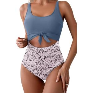 imageEomenie Womens One Piece Swimsuit Tummy Control Slimming Bathing Suit Cutout Tie Knot SwimwearGray Blue Print