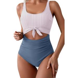 imageEomenie Womens One Piece Swimsuit Tummy Control Slimming Bathing Suit Cutout Tie Knot SwimwearGray Blue Striped