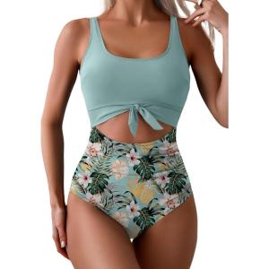 imageEomenie Womens One Piece Swimsuit Tummy Control Slimming Bathing Suit Cutout Tie Knot SwimwearGreen Print