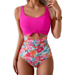 imageEomenie Womens One Piece Swimsuit Tummy Control Slimming Bathing Suit Cutout Tie Knot SwimwearHot Pink Print