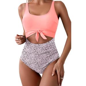 imageEomenie Womens One Piece Swimsuit Tummy Control Slimming Bathing Suit Cutout Tie Knot SwimwearLight Pink Print