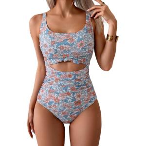 imageEomenie Womens One Piece Swimsuit Tummy Control Slimming Bathing Suit Cutout Tie Knot SwimwearOrange Floral Printed