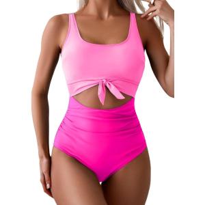 imageEomenie Womens One Piece Swimsuit Tummy Control Slimming Bathing Suit Cutout Tie Knot SwimwearPink Color Block