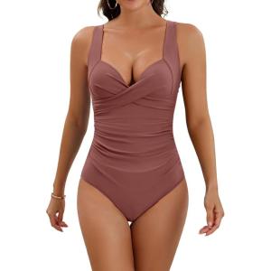 imageEomenie Womens One Piece Swimsuit Tummy Control Slimming Push Up Bra Bathing Suits Wrap Twist 1 Piece SwimwearRed Brown