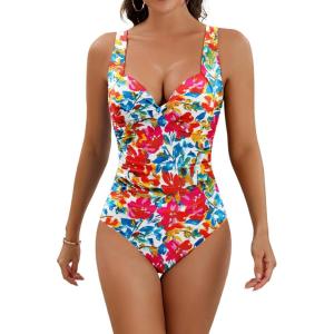 imageEomenie Womens One Piece Swimsuit Tummy Control Slimming Push Up Bra Bathing Suits Wrap Twist 1 Piece SwimwearRed Floral Print