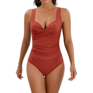 imageEomenie Womens One Piece Swimsuit Tummy Control Slimming Push Up Bra Bathing Suits Wrap Twist 1 Piece SwimwearReddish Brown