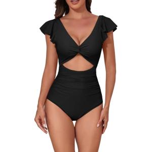 imageEomenie Womens One Piece Swimsuits Ruffle Cutout Bathing Suit Tummy Control Slimming V Neck Twist Front Swimwear