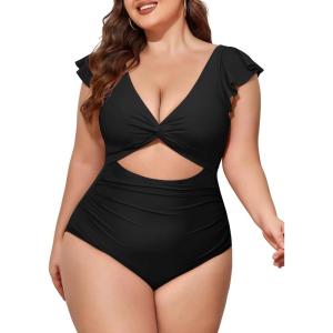 imageEomenie Womens Plus Size One Piece Swimsuits Tummy Control V Neck Cutout Bathing Suit Twist Front Ruffle SwimwearBlack