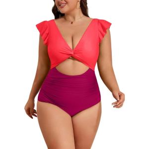 imageEomenie Womens Plus Size One Piece Swimsuits Tummy Control V Neck Cutout Bathing Suit Twist Front Ruffle SwimwearColor Block06