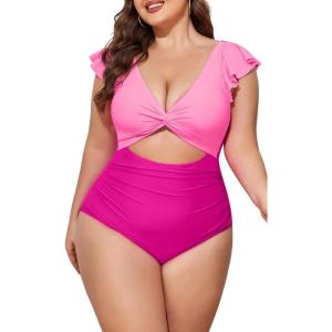 imageEomenie Womens Plus Size One Piece Swimsuits Tummy Control V Neck Cutout Bathing Suit Twist Front Ruffle SwimwearColor Block07