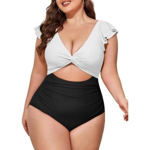 imageEomenie Womens Plus Size One Piece Swimsuits Tummy Control V Neck Cutout Bathing Suit Twist Front Ruffle SwimwearColor Block08