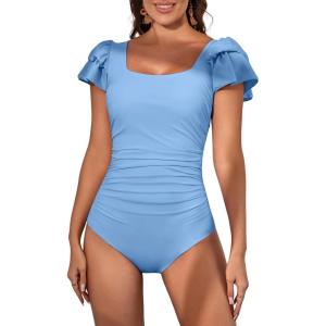 imageEomenie Womens Tummy Control One Piece Swimsuit Ruffle Square Neck Bathing Suit Ruched Cutout Back Slimming SwimwearBaby Blue