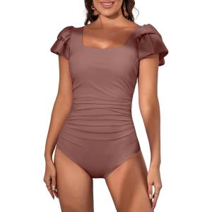 imageEomenie Womens Tummy Control One Piece Swimsuit Ruffle Square Neck Bathing Suit Ruched Cutout Back Slimming SwimwearBean Pink