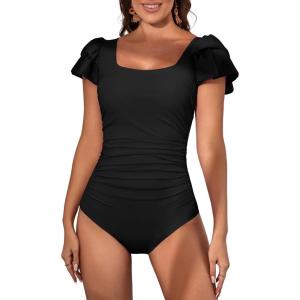 imageEomenie Womens Tummy Control One Piece Swimsuit Ruffle Square Neck Bathing Suit Ruched Cutout Back Slimming SwimwearBlack