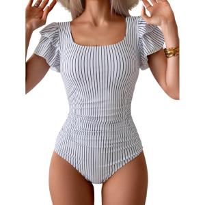 imageEomenie Womens Tummy Control One Piece Swimsuit Ruffle Square Neck Bathing Suit Ruched Cutout Back Slimming SwimwearBlack White Stripe