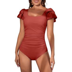 imageEomenie Womens Tummy Control One Piece Swimsuit Ruffle Square Neck Bathing Suit Ruched Cutout Back Slimming SwimwearBrick Red