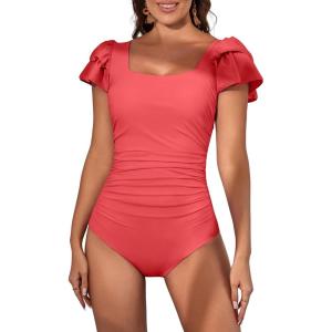 imageEomenie Womens Tummy Control One Piece Swimsuit Ruffle Square Neck Bathing Suit Ruched Cutout Back Slimming SwimwearPeach Red