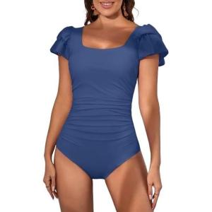 imageEomenie Womens Tummy Control One Piece Swimsuit Ruffle Square Neck Bathing Suit Ruched Cutout Back Slimming SwimwearPeacock Blue