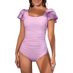imageEomenie Womens Tummy Control One Piece Swimsuit Ruffle Square Neck Bathing Suit Ruched Cutout Back Slimming SwimwearPurple