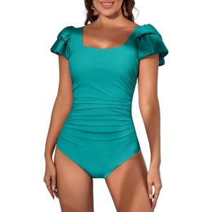 imageEomenie Womens Tummy Control One Piece Swimsuit Ruffle Square Neck Bathing Suit Ruched Cutout Back Slimming SwimwearTeal
