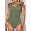 imageEomenie Womens One Piece Swimsuits Puffy Sleeves Tummy Control Bathing Suit Twist Back SwimwearArmy Green
