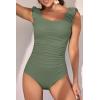 imageEomenie Womens One Piece Swimsuits Puffy Sleeves Tummy Control Bathing Suit Twist Back SwimwearArmy Green