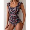 imageEomenie Womens One Piece Swimsuits Puffy Sleeves Tummy Control Bathing Suit Twist Back SwimwearBlack Flower