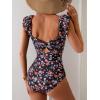 imageEomenie Womens One Piece Swimsuits Puffy Sleeves Tummy Control Bathing Suit Twist Back SwimwearBlack Flower