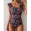 imageEomenie Womens One Piece Swimsuits Puffy Sleeves Tummy Control Bathing Suit Twist Back SwimwearBlack Flower