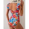 imageEomenie Womens One Piece Swimsuits Puffy Sleeves Tummy Control Bathing Suit Twist Back SwimwearBlue  Hot Pink Floral Print
