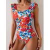 imageEomenie Womens One Piece Swimsuits Puffy Sleeves Tummy Control Bathing Suit Twist Back SwimwearBlue  Hot Pink Floral Print
