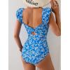 imageEomenie Womens One Piece Swimsuits Puffy Sleeves Tummy Control Bathing Suit Twist Back SwimwearBlue Flower