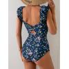 imageEomenie Womens One Piece Swimsuits Puffy Sleeves Tummy Control Bathing Suit Twist Back SwimwearNavy Blue Printed