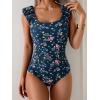 imageEomenie Womens One Piece Swimsuits Puffy Sleeves Tummy Control Bathing Suit Twist Back SwimwearNavy Blue Printed