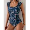 imageEomenie Womens One Piece Swimsuits Puffy Sleeves Tummy Control Bathing Suit Twist Back SwimwearNavy Blue Printed