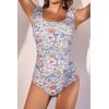 imageEomenie Womens One Piece Swimsuits Puffy Sleeves Tummy Control Bathing Suit Twist Back SwimwearOrange Floral Printed