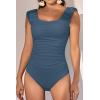 imageEomenie Womens One Piece Swimsuits Puffy Sleeves Tummy Control Bathing Suit Twist Back SwimwearSteel Blue