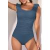 imageEomenie Womens One Piece Swimsuits Puffy Sleeves Tummy Control Bathing Suit Twist Back SwimwearSteel Blue