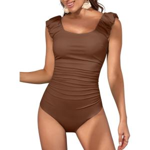 imageEomenie Womens One Piece Swimsuits Puffy Sleeves Tummy Control Bathing Suit Twist Back SwimwearCoffee