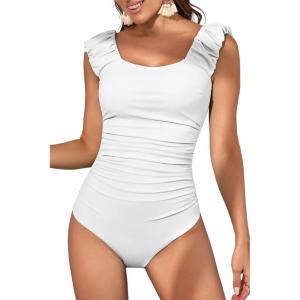 imageEomenie Womens One Piece Swimsuits Puffy Sleeves Tummy Control Bathing Suit Twist Back SwimwearWhite
