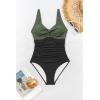 imageEomenie One Piece Swimsuit for Women Tummy Control Bathing Suit Ruched Twist Front Swim Suit Cutout Tie Back SwimwearArmy Green Black