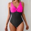 imageEomenie One Piece Swimsuit for Women Tummy Control Bathing Suit Ruched Twist Front Swim Suit Cutout Tie Back SwimwearHot Pink Black