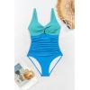 imageEomenie One Piece Swimsuit for Women Tummy Control Bathing Suit Ruched Twist Front Swim Suit Cutout Tie Back SwimwearLight Blue