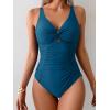 imageEomenie One Piece Swimsuit for Women Tummy Control Bathing Suit Ruched Twist Front Swim Suit Cutout Tie Back SwimwearPeacock Blue