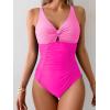 imageEomenie One Piece Swimsuit for Women Tummy Control Bathing Suit Ruched Twist Front Swim Suit Cutout Tie Back SwimwearPink Color Block