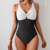 imageEomenie One Piece Swimsuit for Women Tummy Control Bathing Suit Ruched Twist Front Swim Suit Cutout Tie Back SwimwearWhite Black