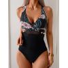 imageEomenie One Piece Swimsuit for Women Tummy Control Mesh High Waisted Bathing Suit Wrap Tie Back SwimwearBlack Floral